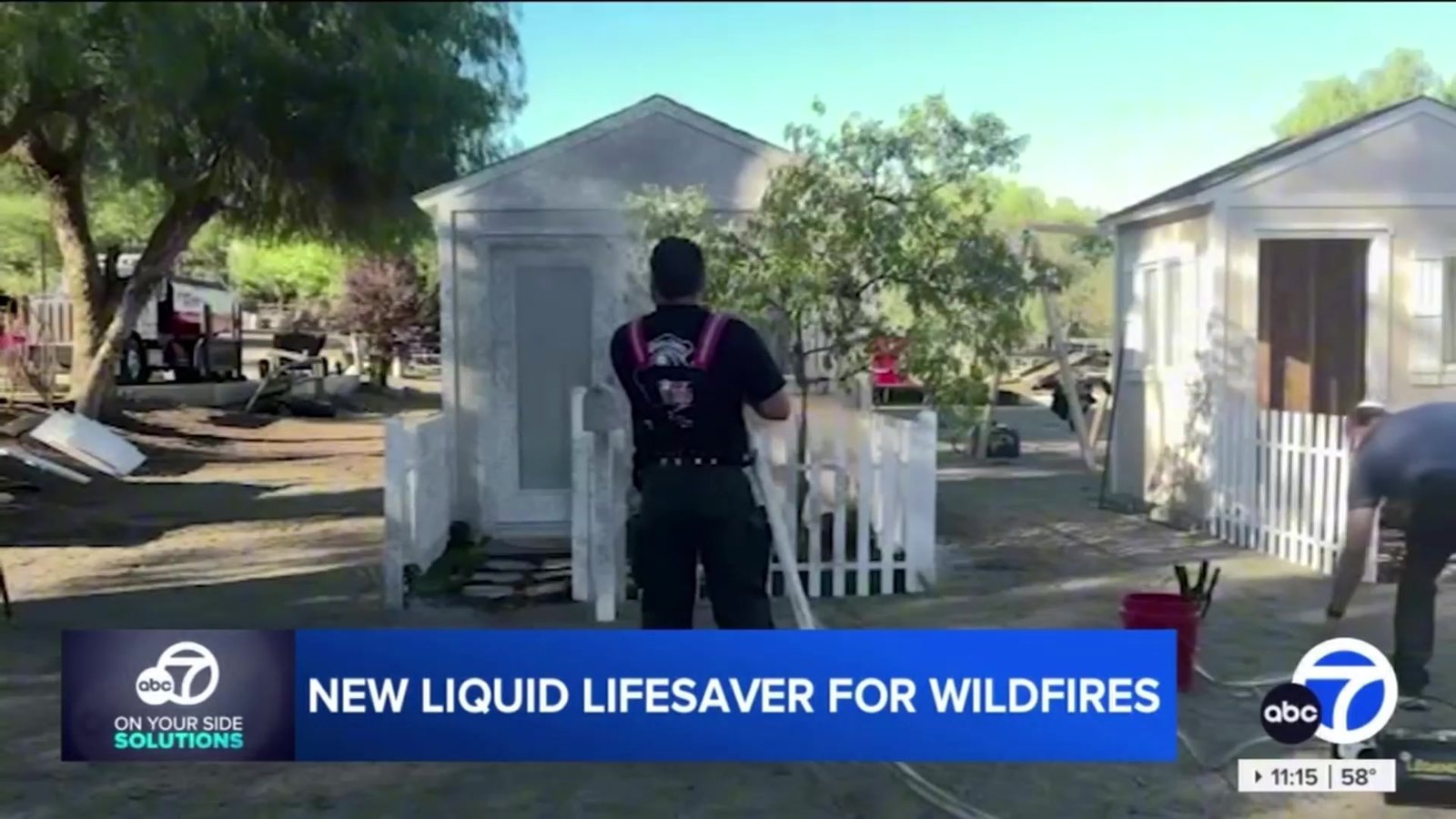 Still from the ABC7 segment: the two test structures in Agua Dulce before the controlled burn, with the caption New liquid lifesaver for wildfires