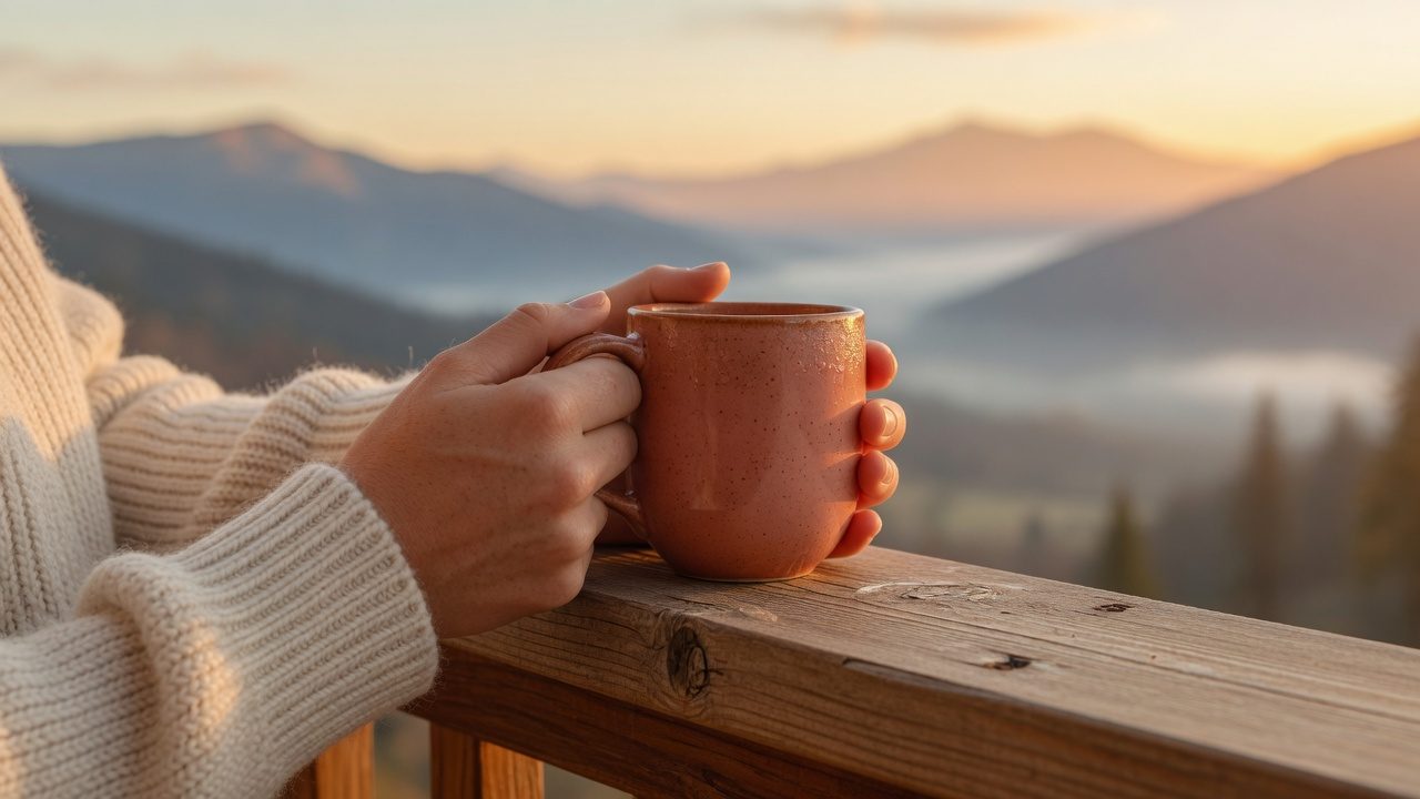 Hands around a warm mug on a deck railing, looking out over a misty mountain valley at sunrise