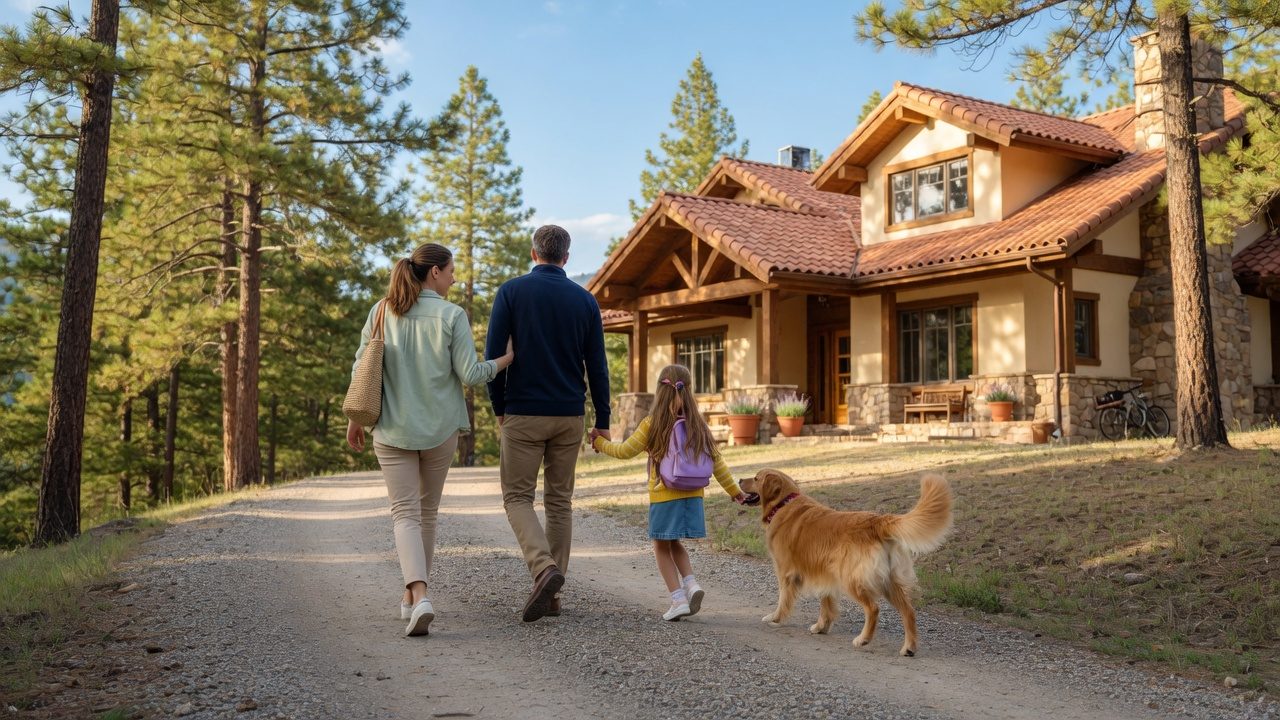 A family and their dog walking a gravel path toward a bright mountain home