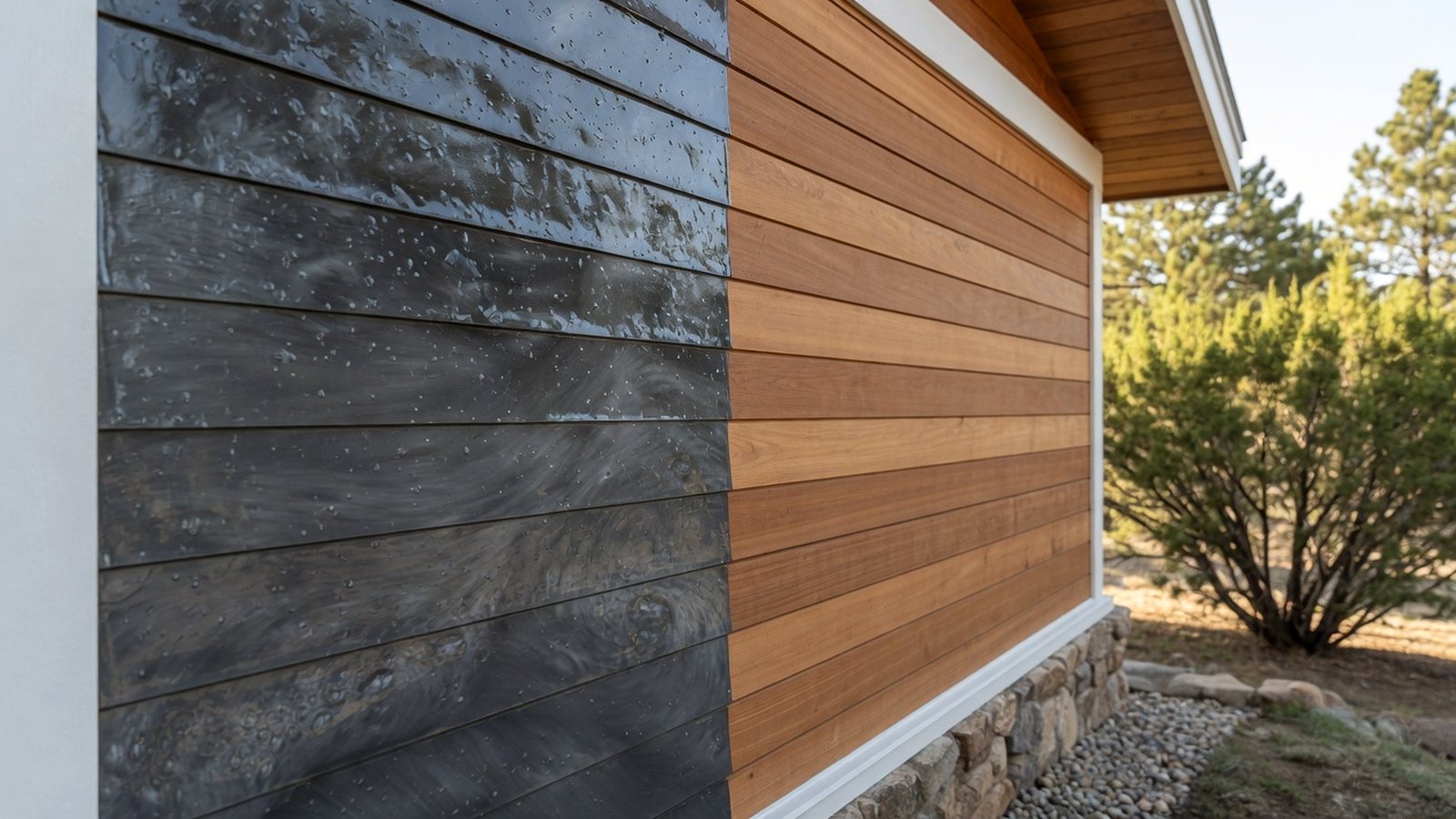 Cedar siding with a coat of charcoal-grey GraphGel on one side and bare wood on the other