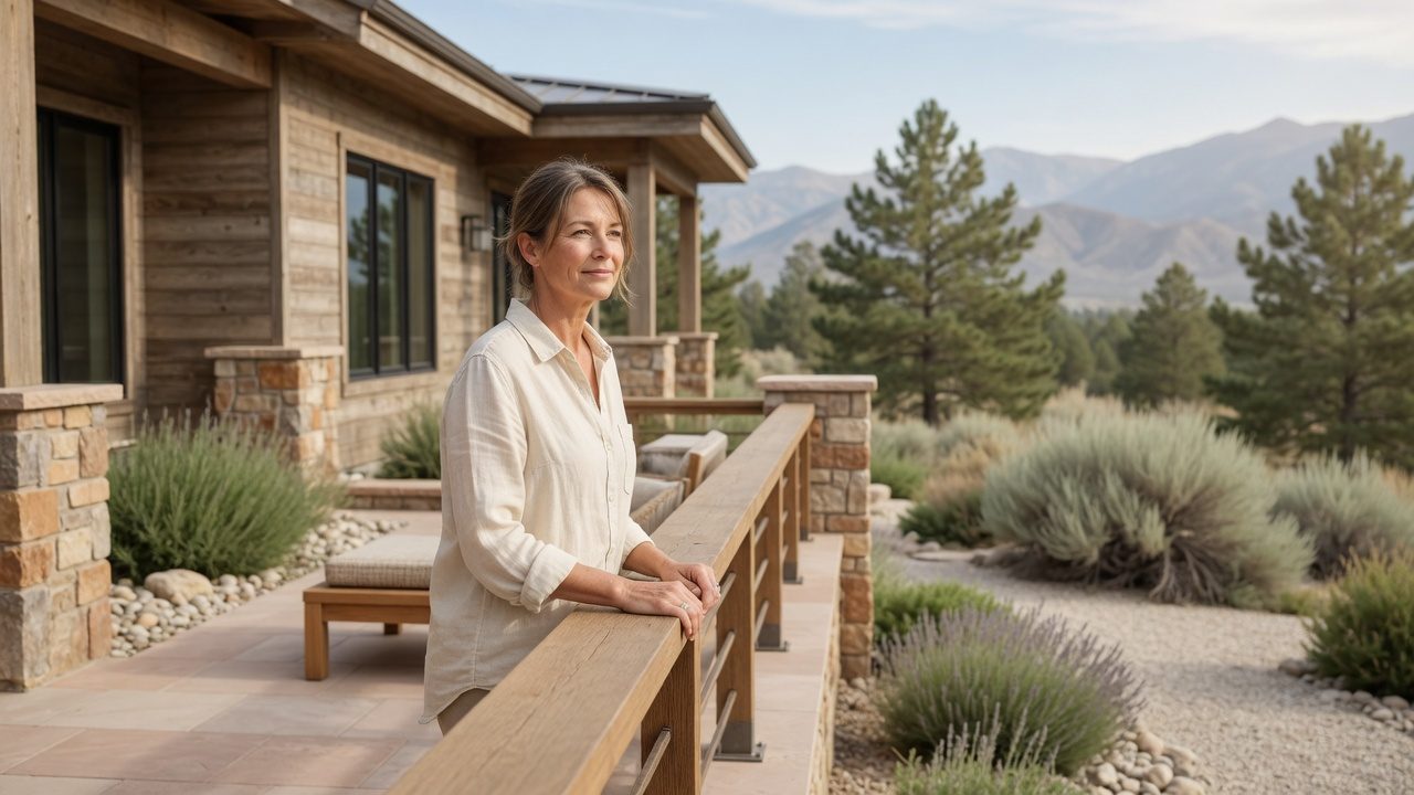 A homeowner at the railing of a timber-and-stone mountain home on a bright morning