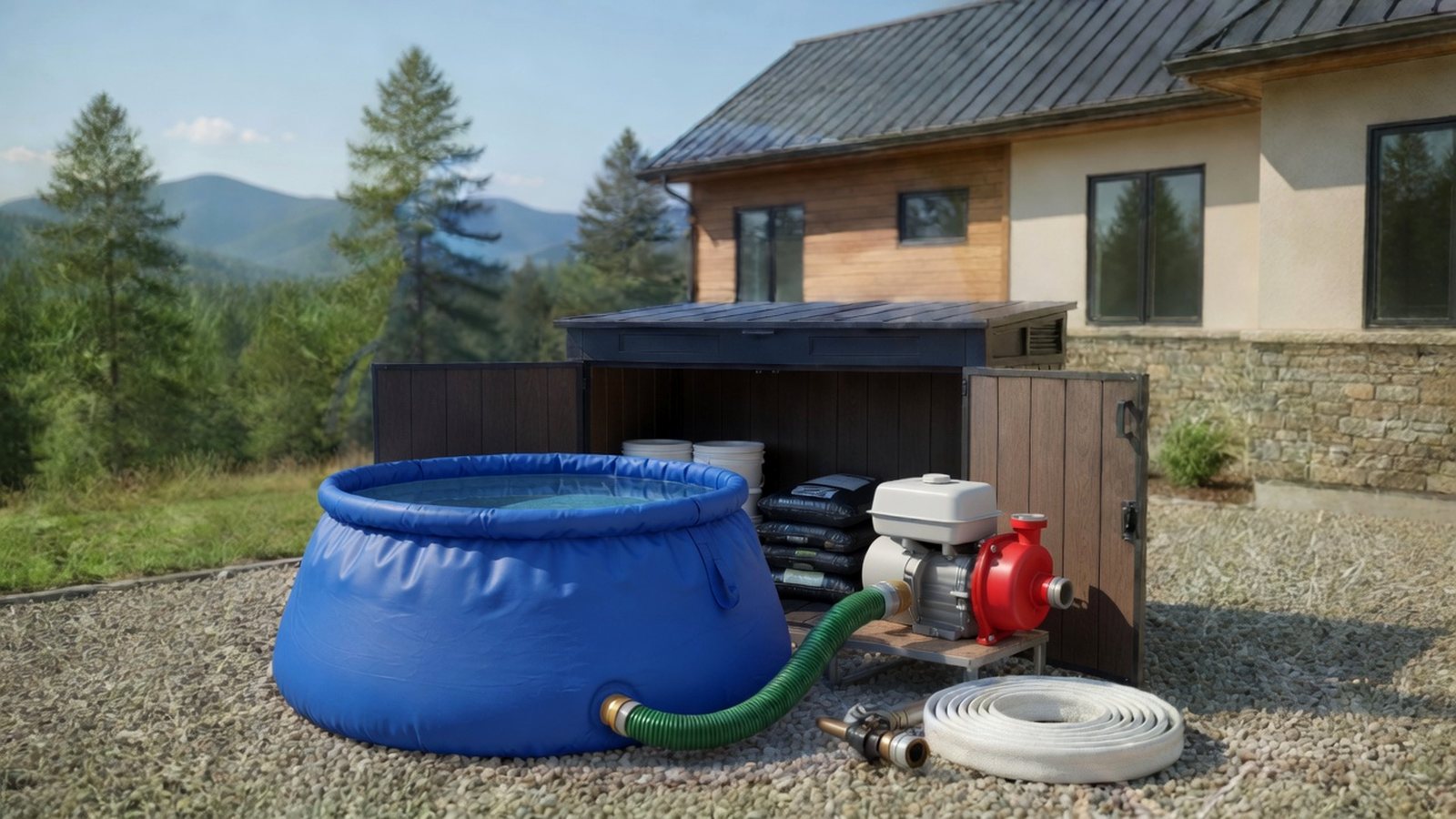 The GraphGel Applicator Kit at a mountain home: the storage shed standing open with the gel, pails and hose inside, and a blue collapsible water tank feeding a portable fire pump from a valve at its base