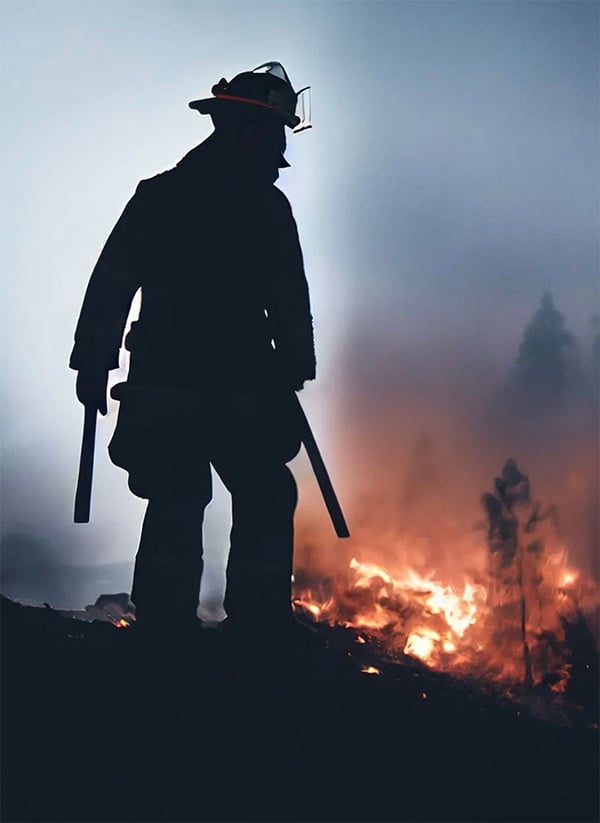 Firefighter battling wildfire flames, symbolizing the need for The Wildfire Guardian™ eco-safe wildfire protection solution.