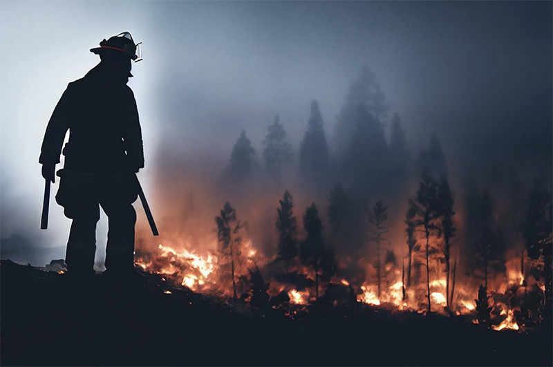 Firefighter battling wildfire flames, symbolizing the need for The Wildfire Guardian™ eco-safe wildfire protection solution.