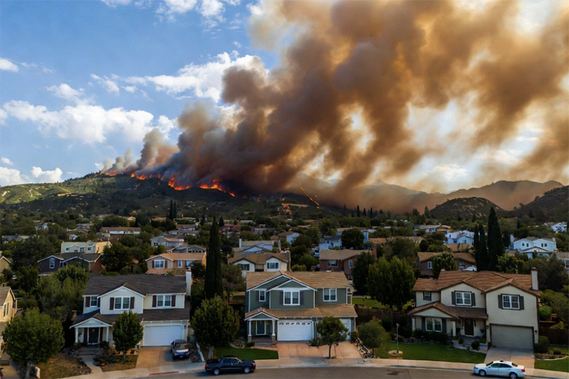 Neighborhood protected from approaching wildfire Neighborhood protected from approaching wildfire